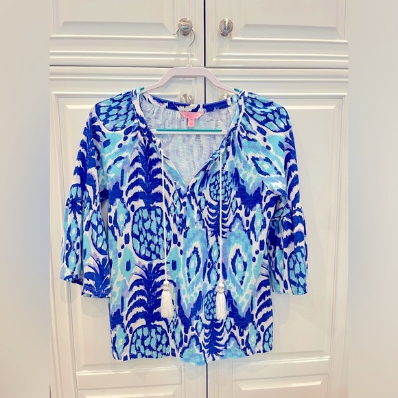 Lilly Pulitzer Del Lago Tunic Top Tropi Call Me Blue White Pineapple 3/4 Sleeve - Picture 2 of 7